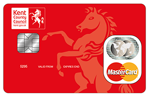 Picture shows what a Kent Card looks like. A red credit card size with the Kent County Council and MasterCard logo