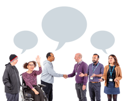 A gathering of people with various speech bubbles, showing a lively discussion among the group.