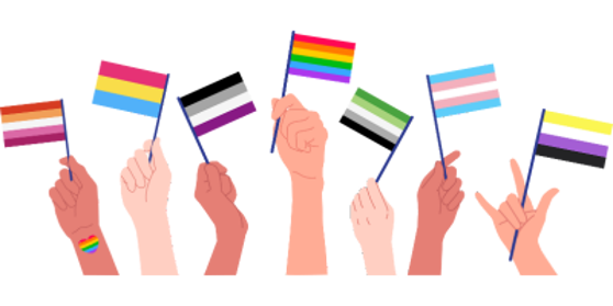 Hands holding various LGBTQ+ pride flags.